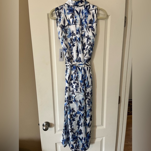 DKNY Floral Blue and White Belted Sleeveless Dress Women’s Size 2 - Picture 5 of 14